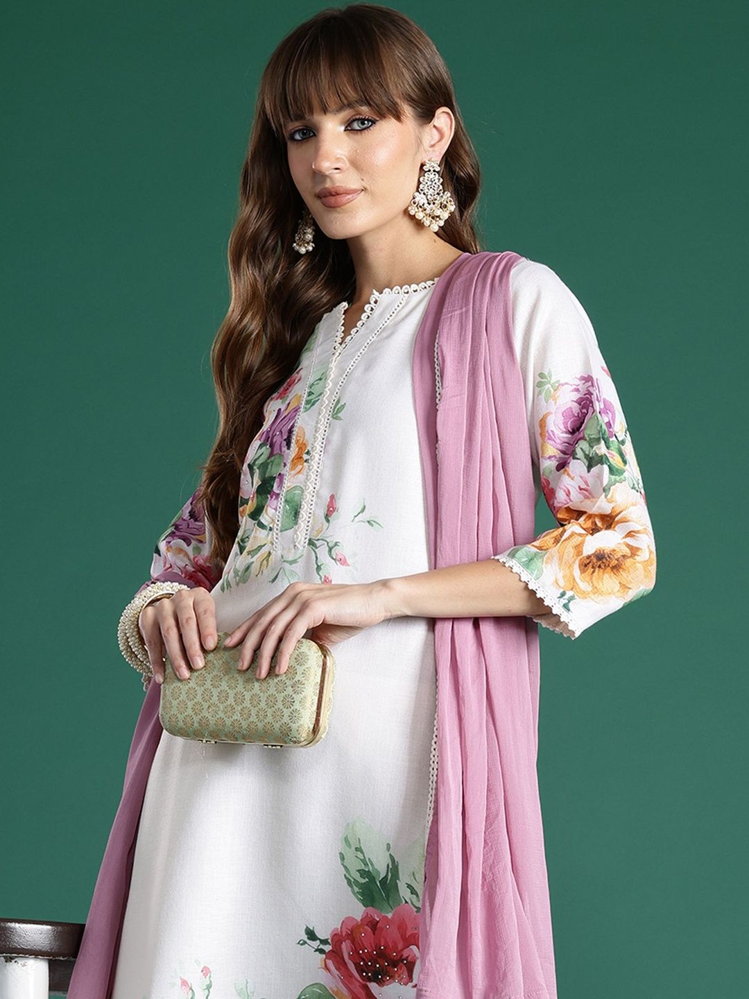 Floral Printed Regular Linen Kurta With Trouser And Dupatta