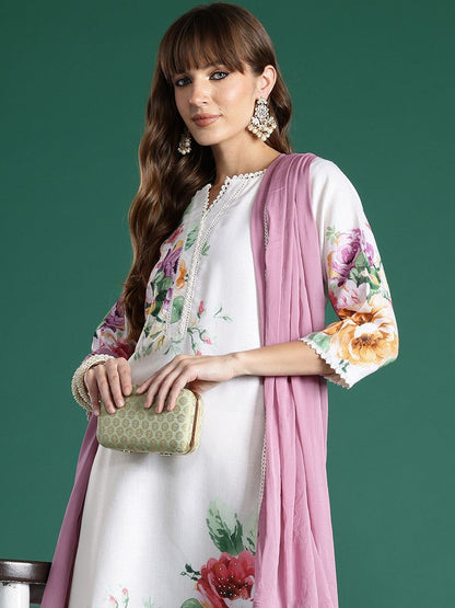 Floral Printed Regular Linen Kurta With Trouser And Dupatta