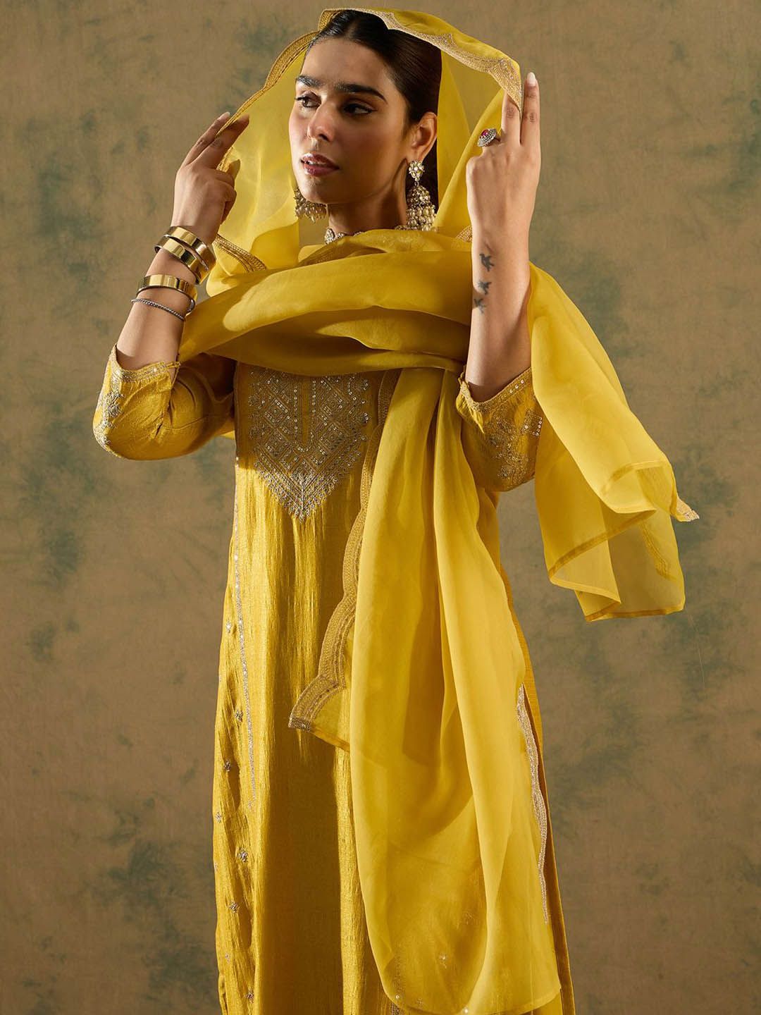 Ethnic Motifs Embroidered Regular Straight Kurta with Trousers & Dupatta