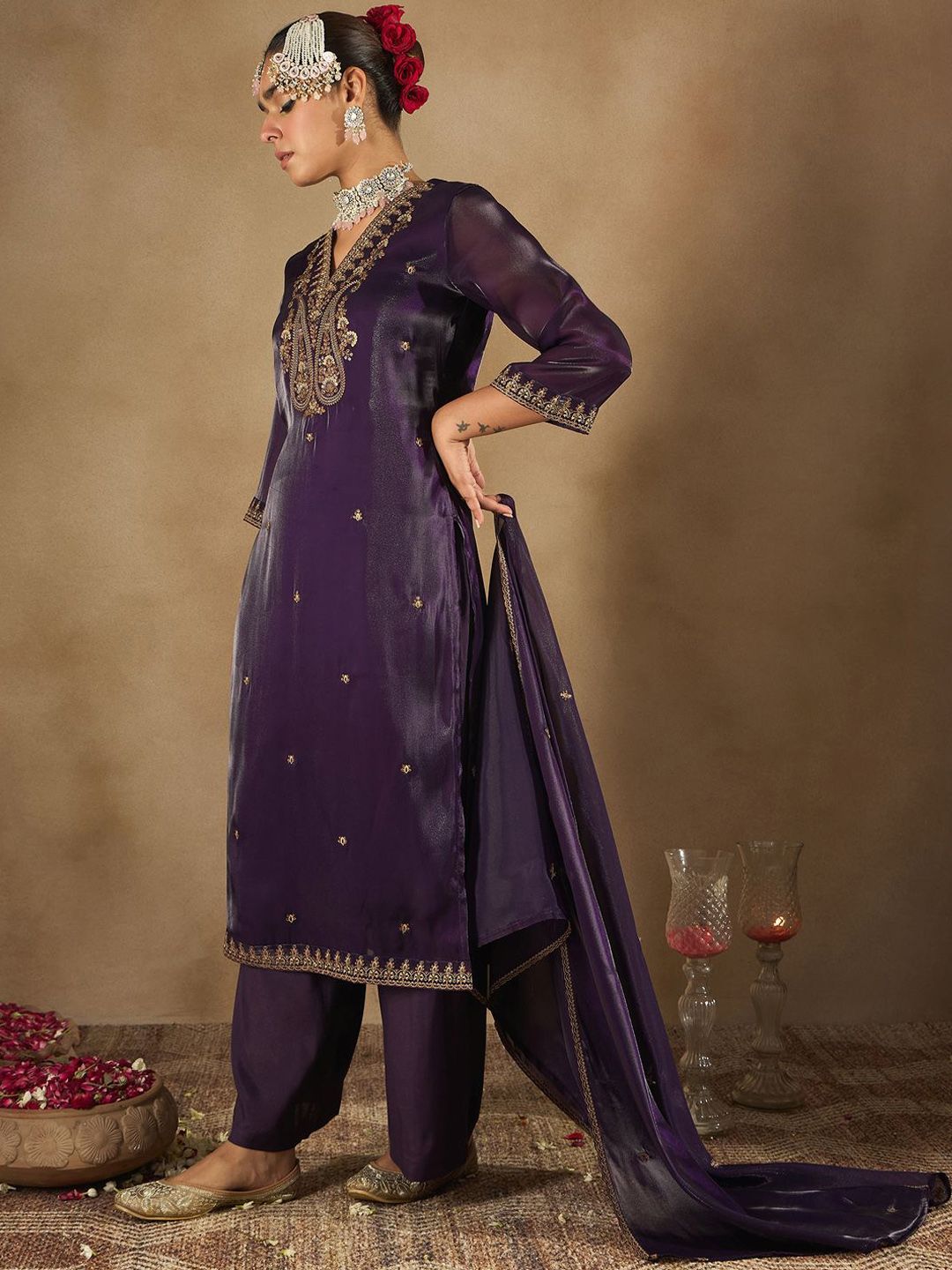 Women Ethnic Motifs Embroidered Regular Kurta with Trousers & With Dupatta