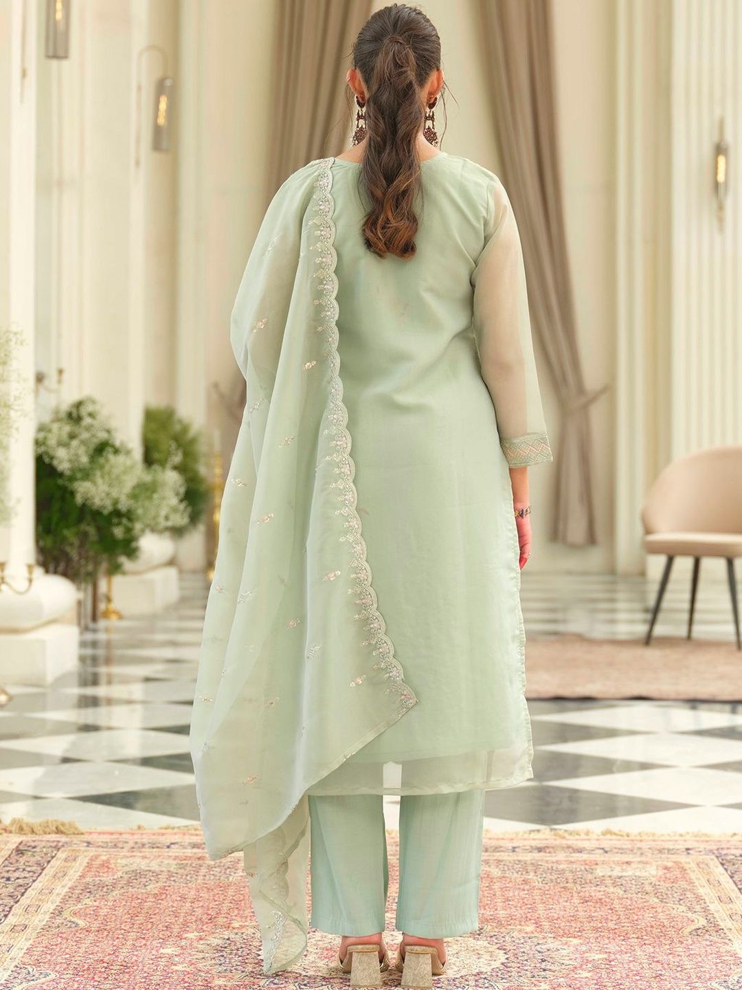 Ethnic Motifs Embroidered Sequinned Kurta With Trousers & Dupatta