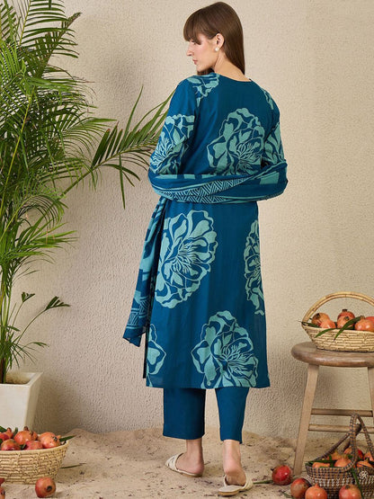Dhiyona IE Women's Adults-Women Floral Printed Cotton A-Line Kurta with Trousers & Dupatta