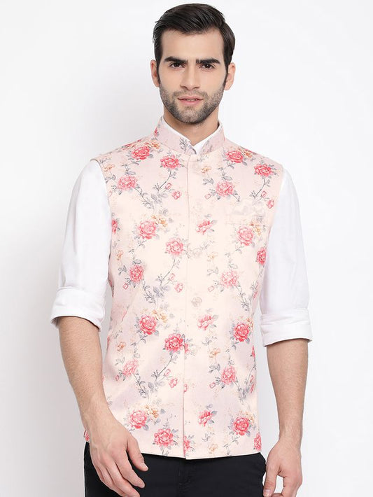 Men's Peach Silk Blend Straight Nehru Jacket