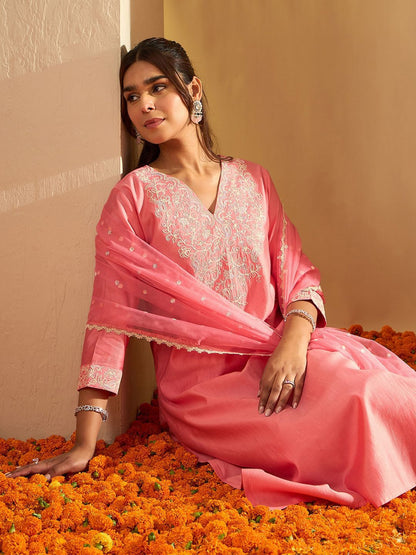 Floral Yoke Design Straight Sequinned Liva Kurta with Trousers & Dupatta
