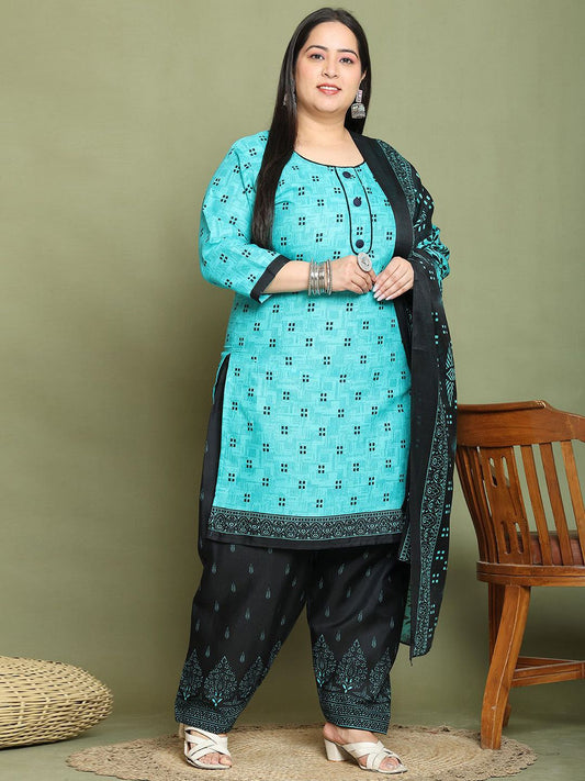 Dhiyona KL Women Plus Size Geometric Printed Kurta with Trousers & Dupatta