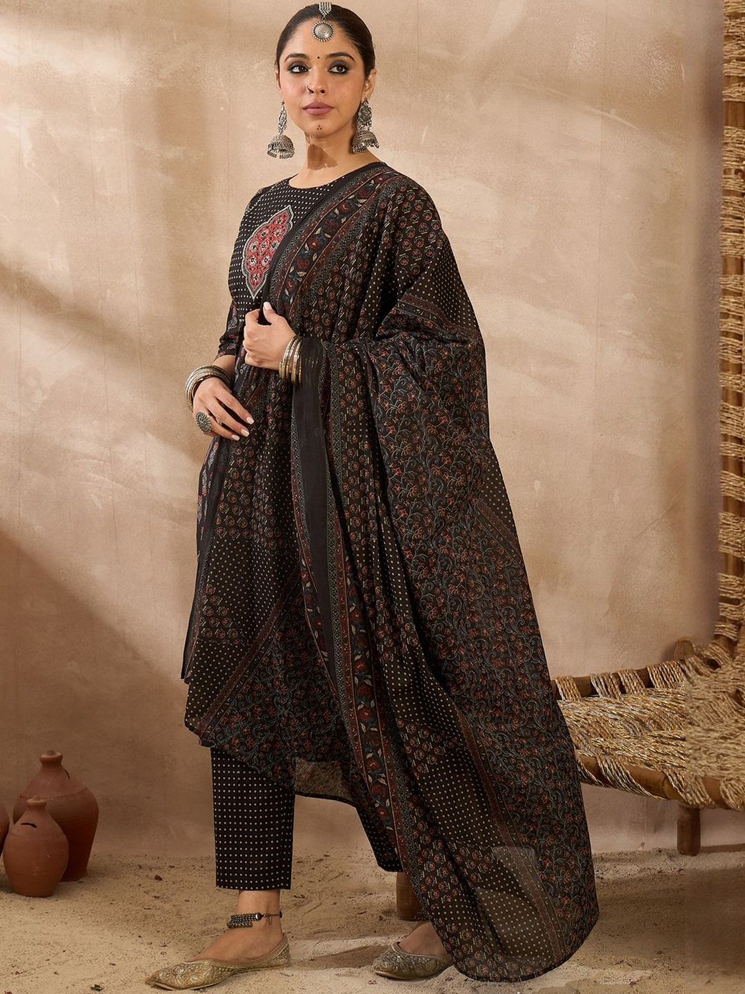 Women Ethnic Motifs Printed Cotton Kurta with Trousers & Dupatta