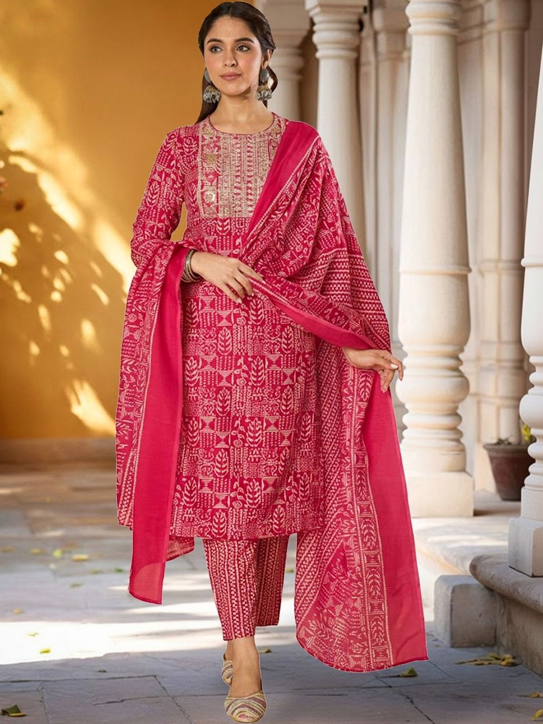 Dhiyona IE Women Ethnic Motifs Printed Regular Thread Work Pure Cotton Kurta with Trousers & With Dupatta