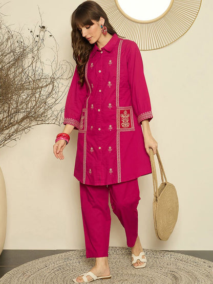 Dhiyona IE Women Embroidered Shirt Collar Cotton Top and Trousers Co-Ords
