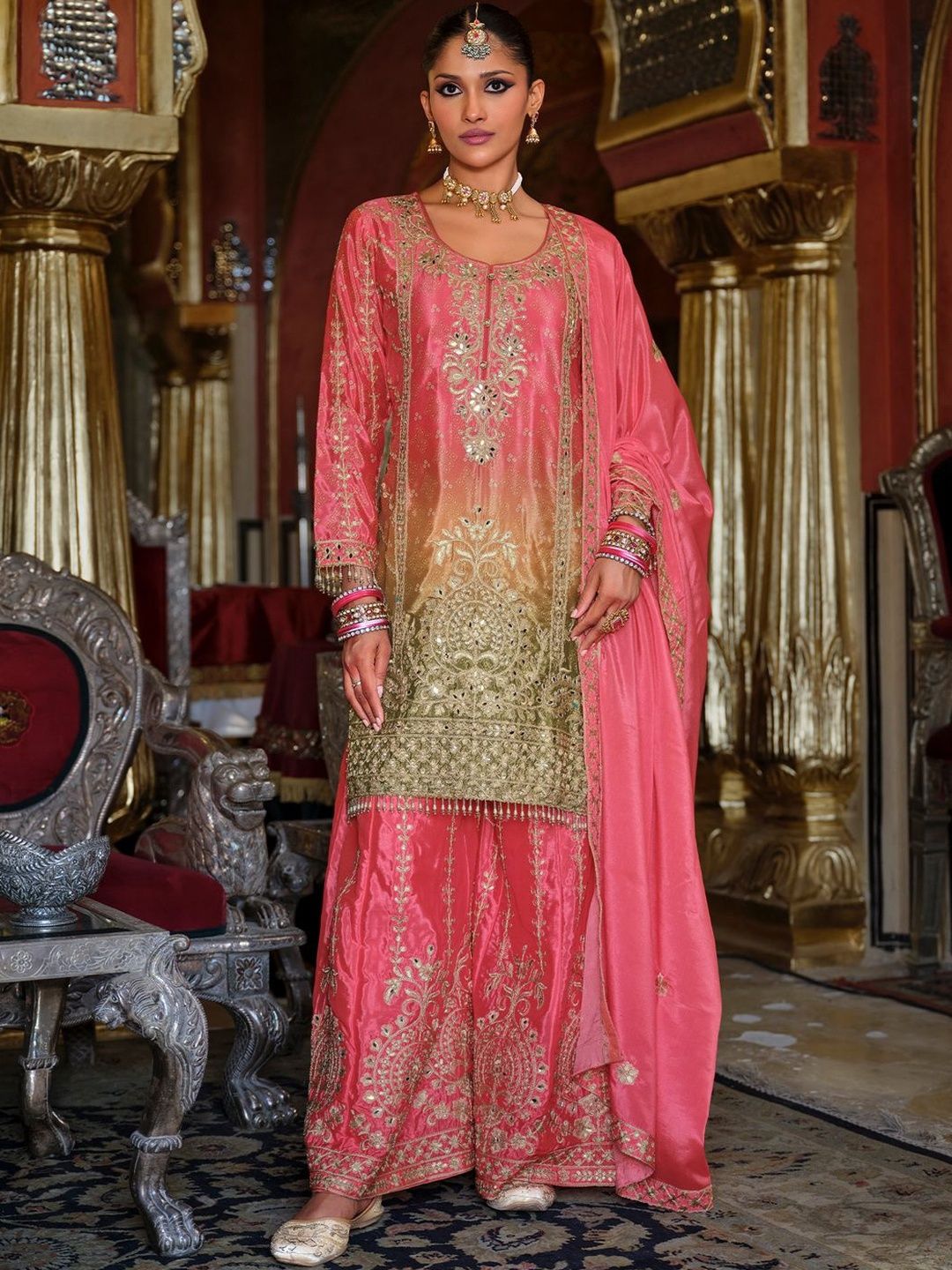 Women Ethnic Motifs Embroidered Kurta with Palazzos & Dupatta