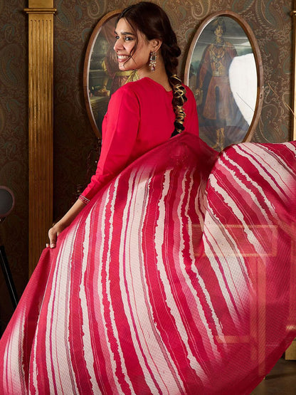 Floral Embroidered Thread Work Straight Kurta With Trousers And Dupatta