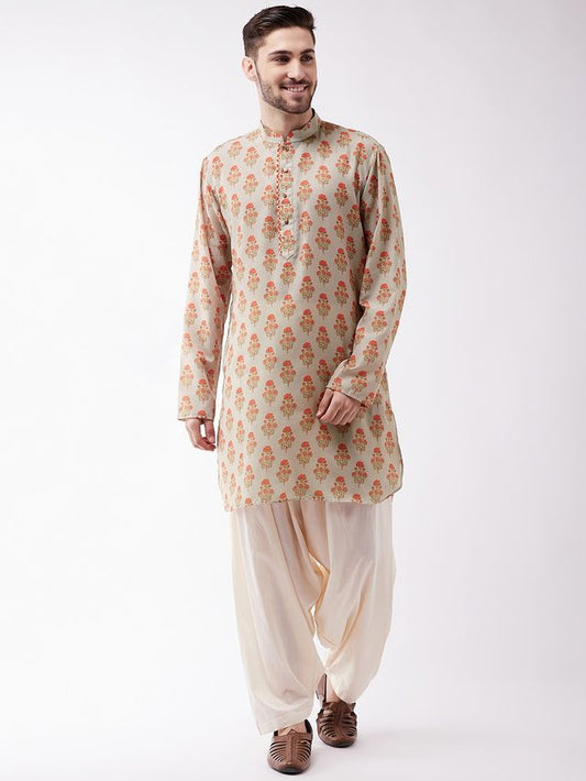 Men's MulticolorBaseBeige Muslin Pathani Kurta and Patiala Set