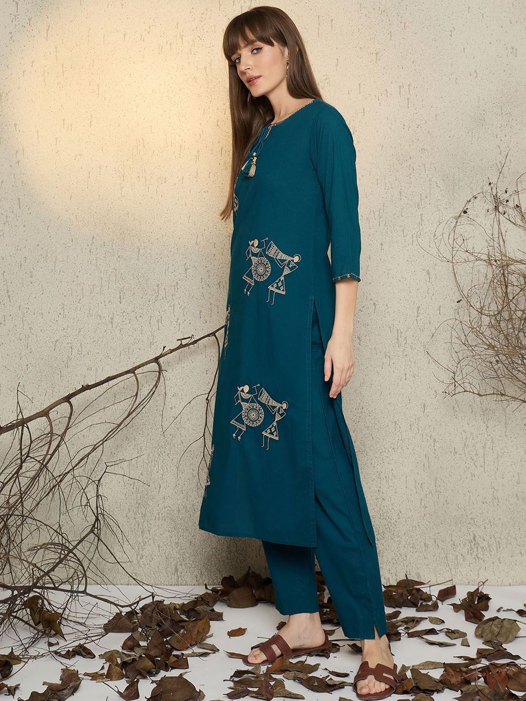 Dhiyona IE Women Embroidered Round Neck Cotton Top and Trousers Co-Ords