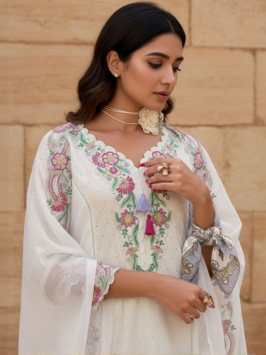 Floral Embroidered Thread Work Pure Cotton Straight Kurta With Trousers & Dupatta