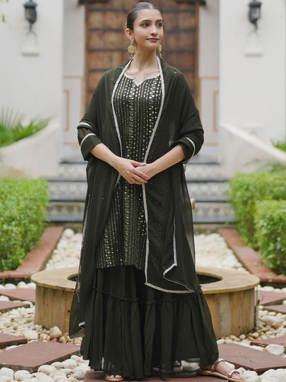 Dhiyona IE Ethnic Motifs Embroidered Sequinned Kurta With Sharara & Dupatta
