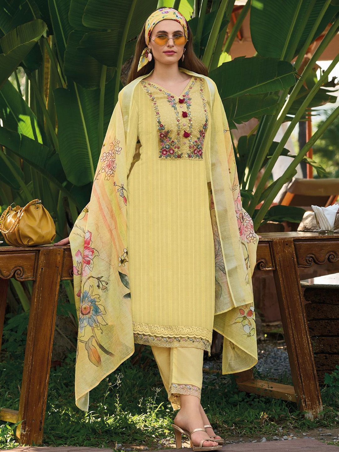 Dhiyona IE Yellow Floral Embroidered Thread Work Pure Cotton Kurta with Trouser & Dupatta