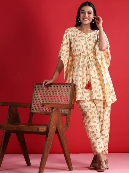 Dhiyona IE Printed V-Neck Pure Cotton Tunic & Trousers Co-Ords