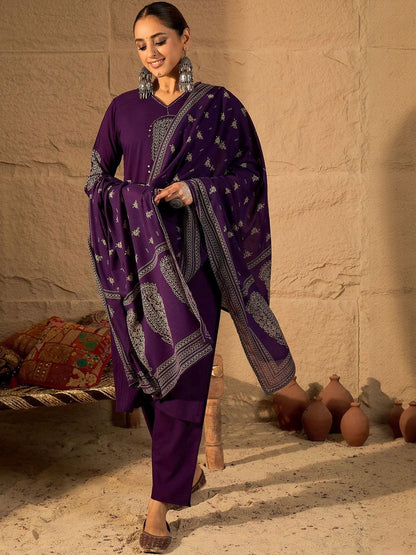 Floral Embroidered Mirror Work Pure Cotton Kurta With Trousers & Dupatta