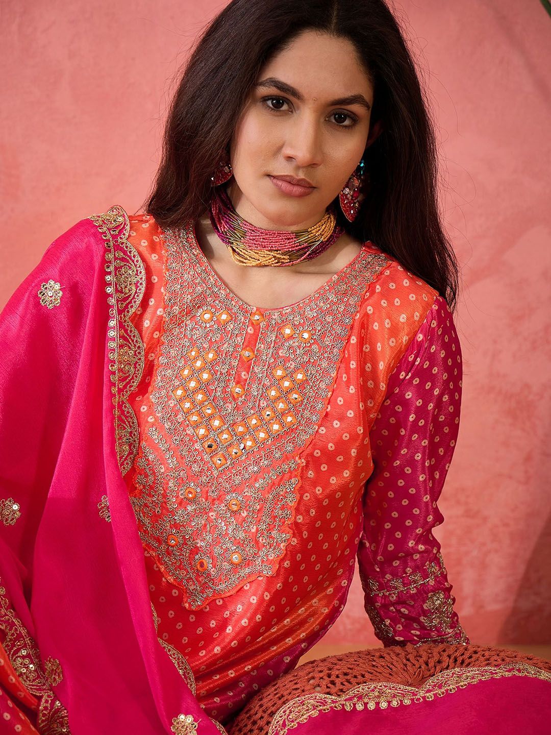 Dhiyona SN Women's Bhandani Printed Round Neck Straight Kurta With Trousers And Dupatta