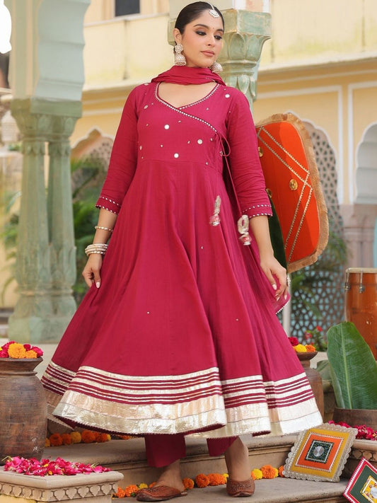 Dhiyona RR Women's Geometric Embroidered Anarkali Pure Cotton Kurta With Trousers & Dupatta