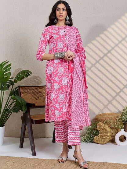 Women Floral Printed Pure Cotton Kurta with Trousers & Dupatta