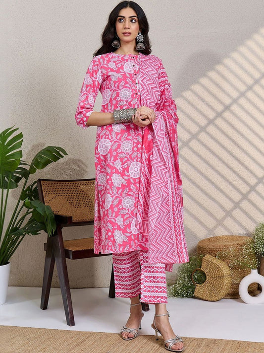 Women Floral Printed Pure Cotton Kurta with Trousers & Dupatta