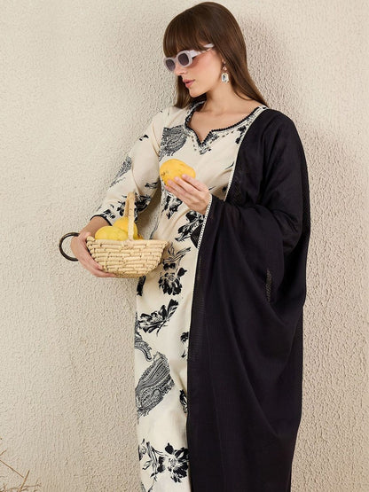 Women Floral Printed Regular Beads and Stones Pure Cotton Kurta with Trousers & With Dupatta