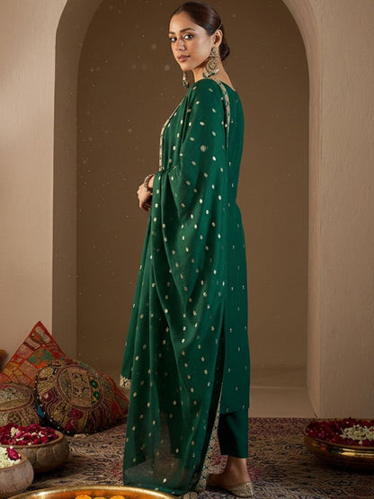 Ethnic Motifs Embroidered Straight Thread Work Kurta With Trousers & Dupatta