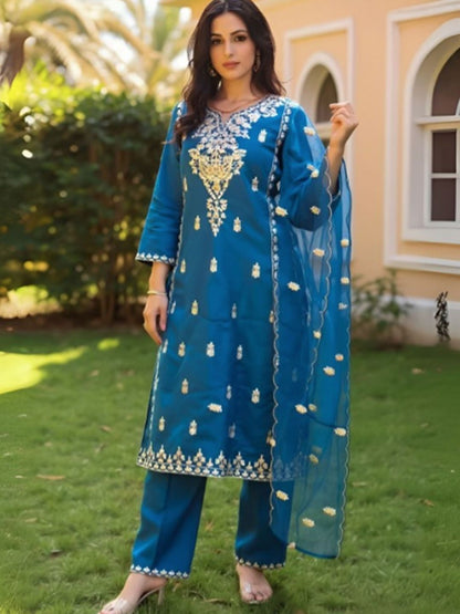 Dhiyona IE Women's Women Ethnic Motifs Embroidered Thread Work Kurta with Trousers & Dupatta