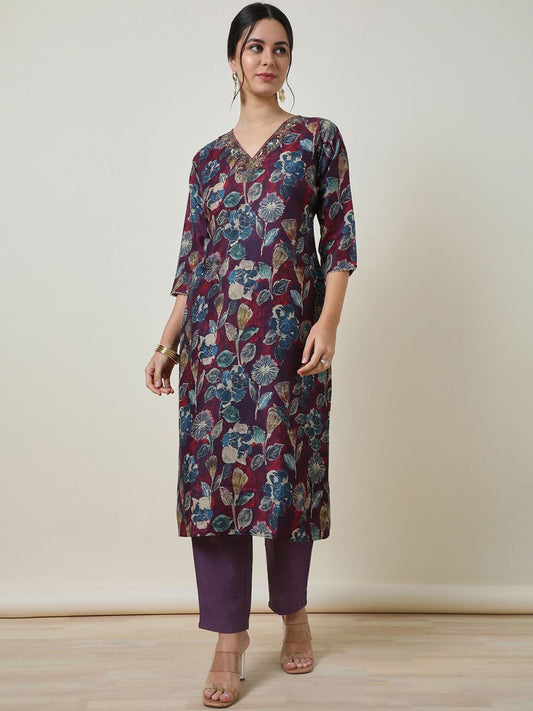 Dhiyona SO Women's Women Ethnic Motifs Printed Regular Sequinned Kurta with Trousers