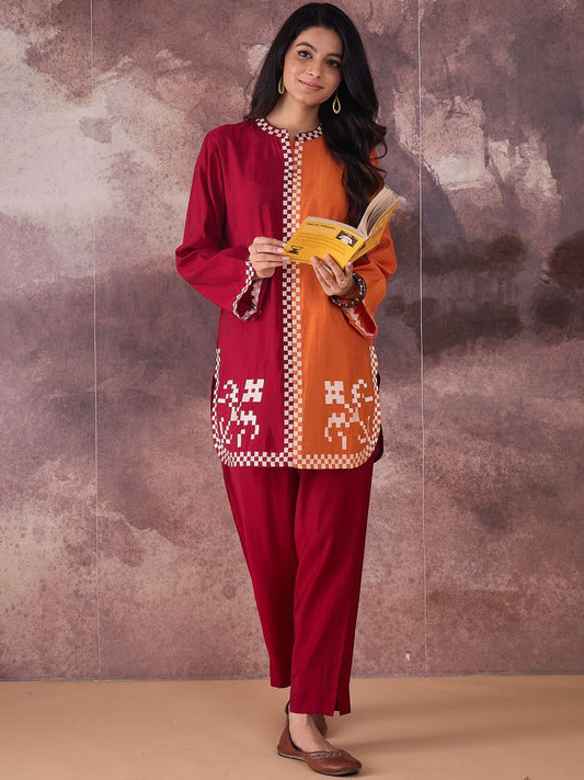 Dhiyona IE Colourblocked Mandarin Collar Top With Trousers