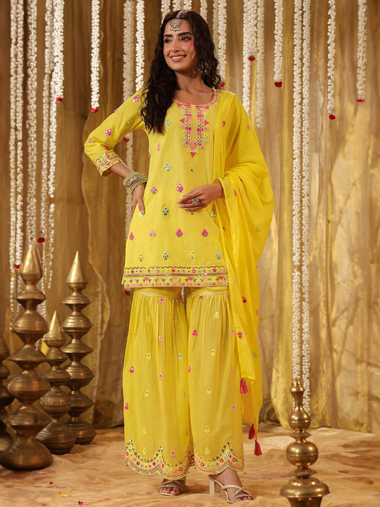 Dhiyona SC Geometric Embroidered Mirror Work Pure Cotton Kurti With Sharara & Dupatta