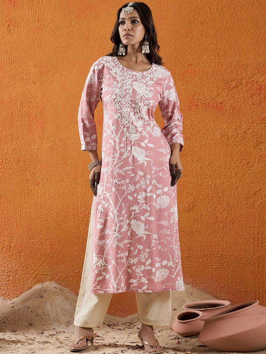 Dhiyona IE Floral Embroidered Thread Work Straight Kurta