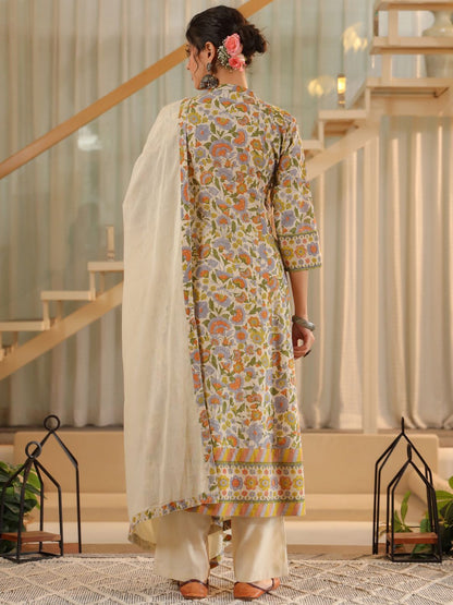 Dhiyona RR Women's Floral Printed Regular Pure Cotton Kurta with Trousers & With Dupatta