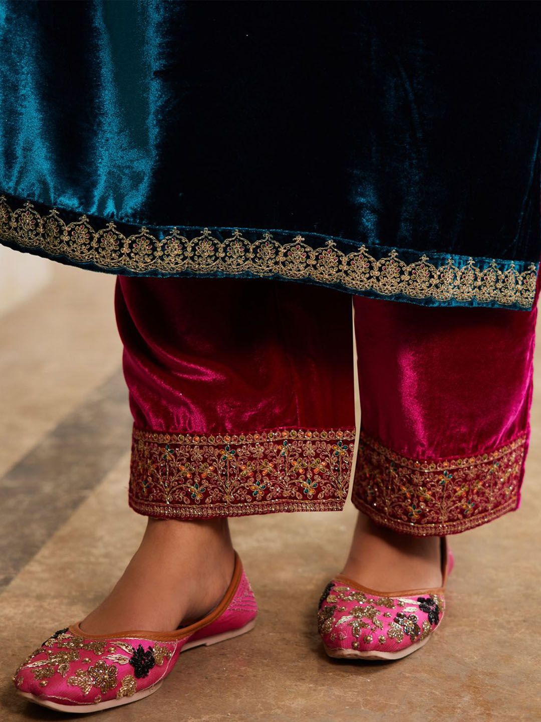 Women Ethnic Motifs Embroidered Regular Velvet Kurta with Trousers & Dupatta