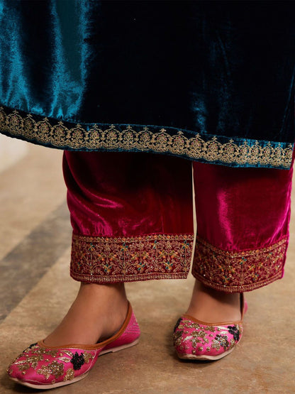 Women Ethnic Motifs Embroidered Regular Velvet Kurta with Trousers & Dupatta
