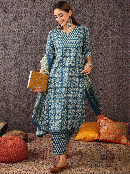Women Ethnic Motifs Printed Regular Pure Cotton Kurta with Trousers & With Dupatta