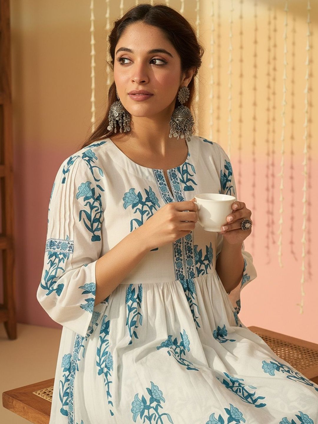 Floral Printed Empire V-Neck Pure Cotton A-Line Kurta with Trousers