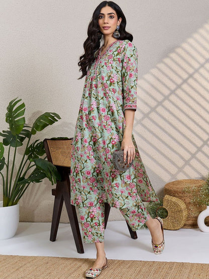 Women Floral Printed Regular Pure Cotton Kurta With Trousers
