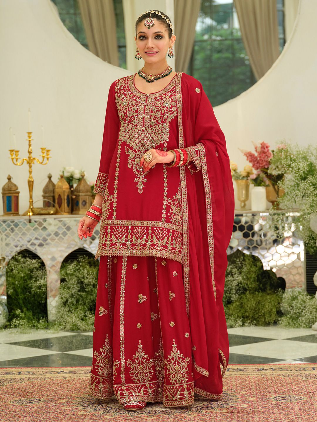 Ethnic Motifs Embroidered Sequinned Chinon Straight Kurta With Skirt & Dupatta