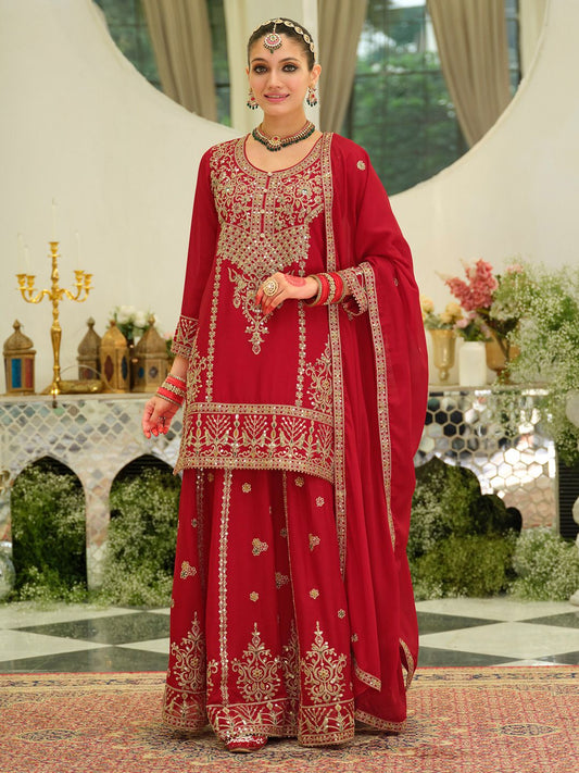 Ethnic Motifs Embroidered Sequinned Chinon Straight Kurta With Skirt & Dupatta