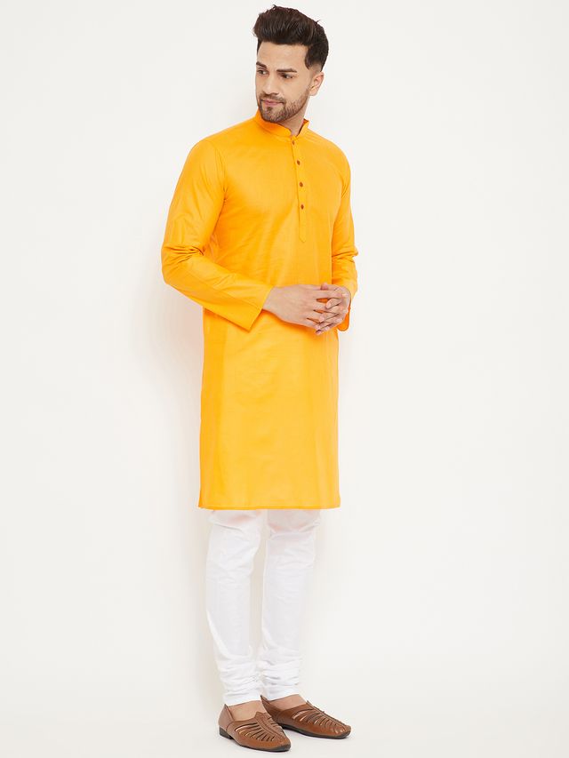 Men's Orange Cotton Straight Kurta Pyjama Set