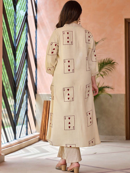 Geometric Printed Screen Technique Thread Work Kurta With Trousers