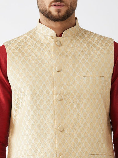 Men's Maroon Silk Blend Straight Jacket  Kurta and Dhoti Set
