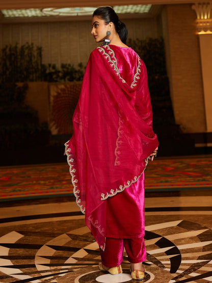 Women Ethnic Motifs Embroidered Regular Velvet Kurta with Trousers & With Dupatta