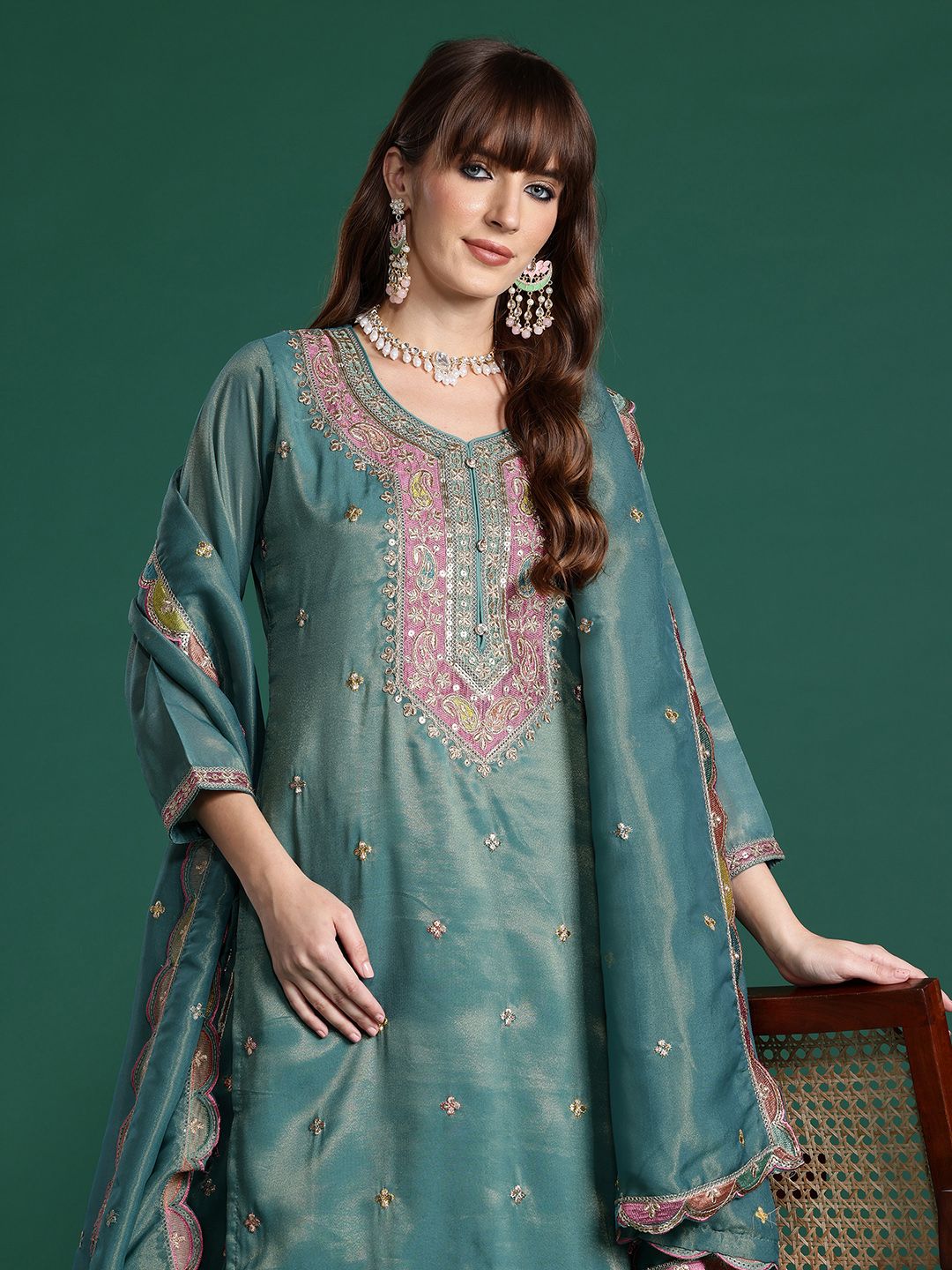 Ethnic Motifs Embroidered Sequinned Kurta with Palazzos & Dupatta