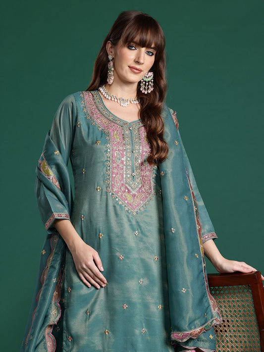 Ethnic Motifs Embroidered Sequinned Kurta with Palazzos & Dupatta