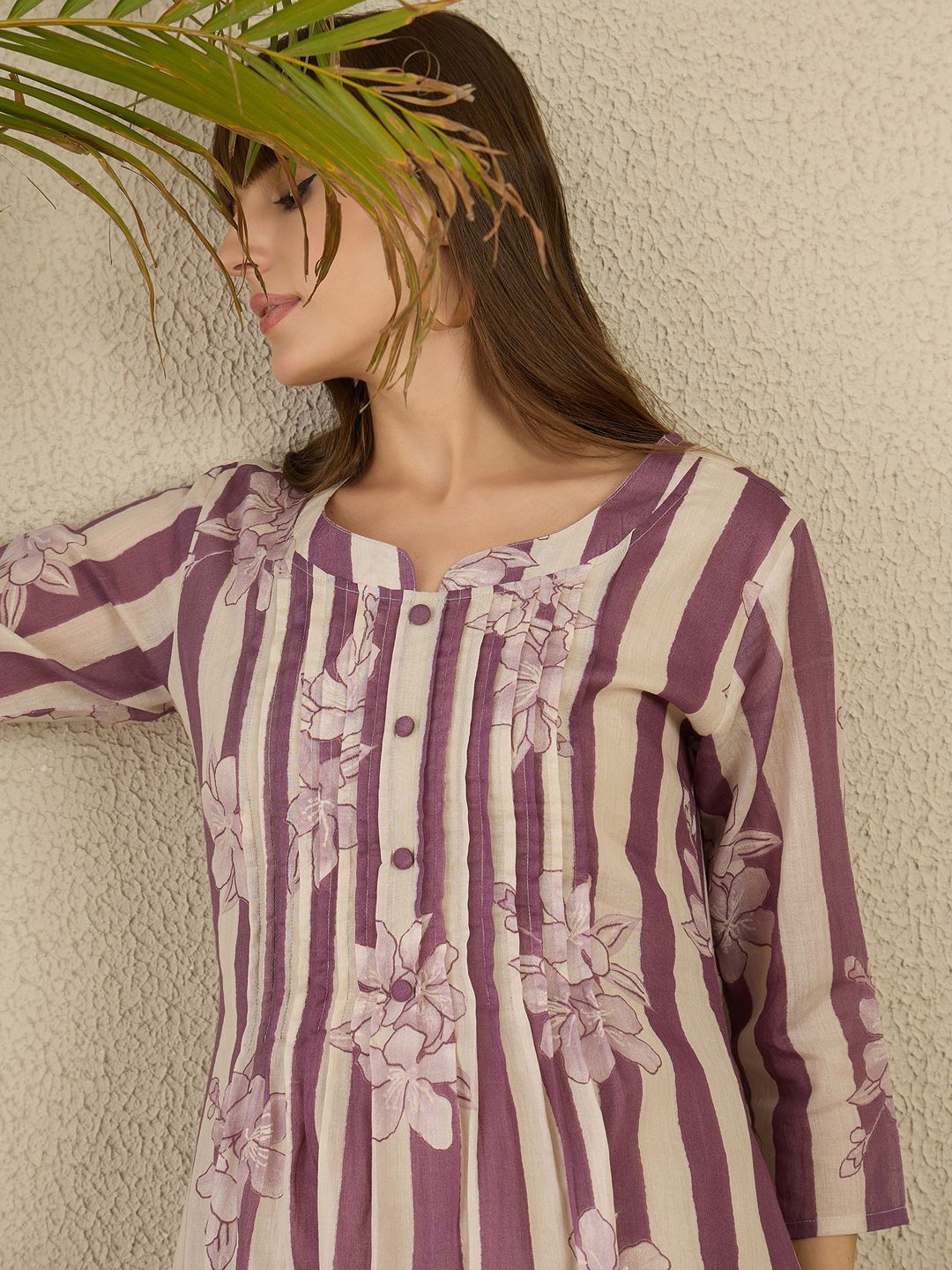 Floral Screen Printed Notch Neck A-Line Pure Cotton Kurta With Trousers