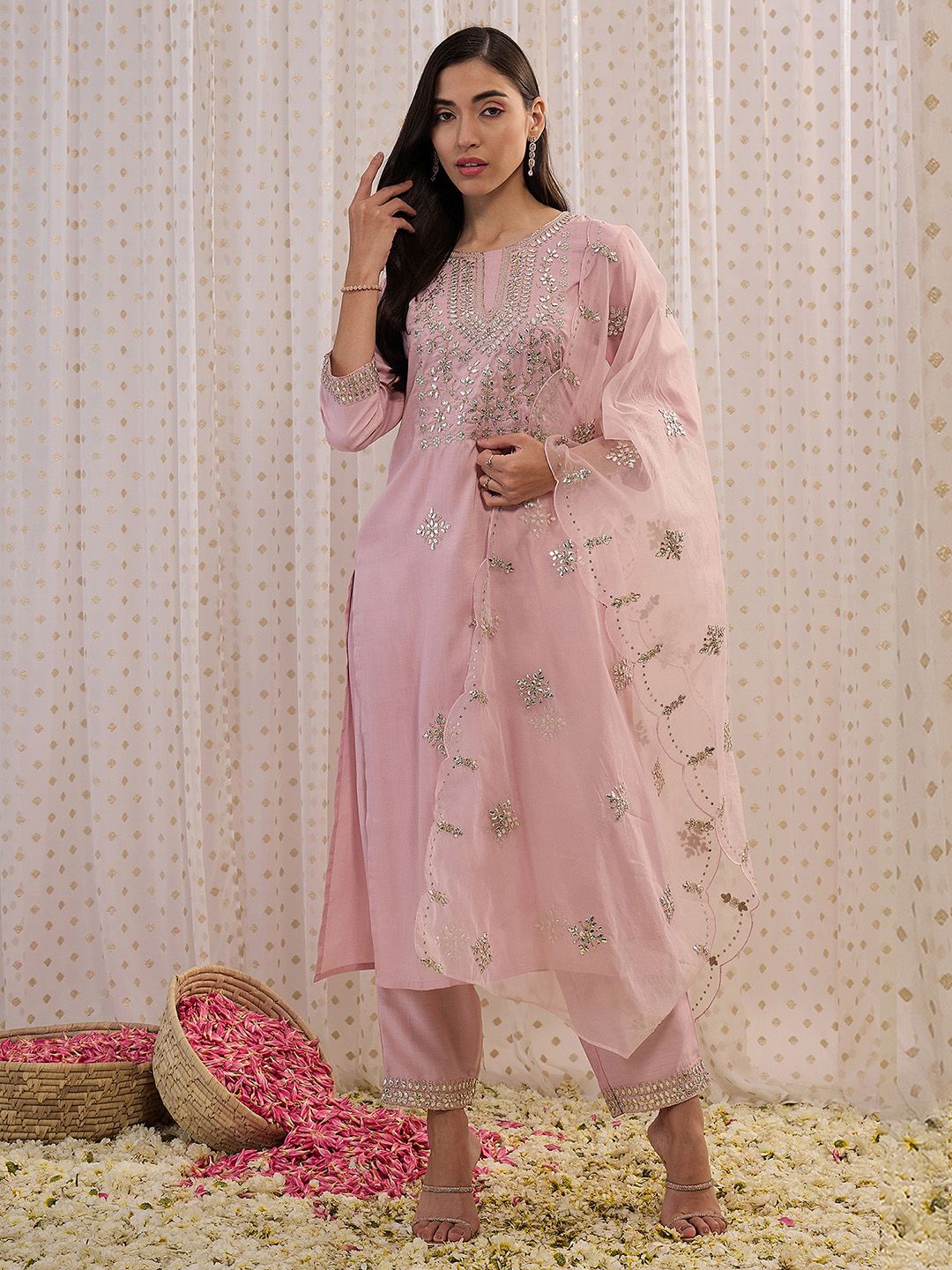 Dhiyona IE Pink Ethnic Motifs Embroidered Gotta Patti Kurta with Trousers & Dupatta