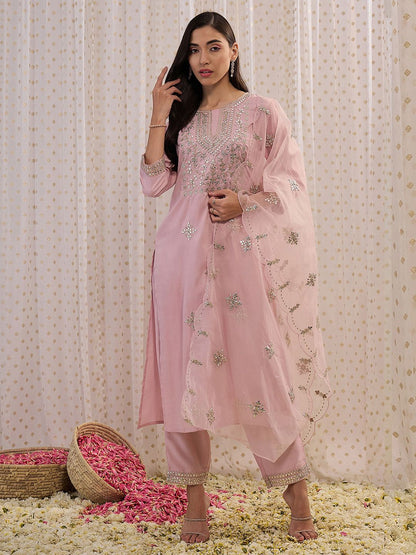 Pink Ethnic Motifs Embroidered Gotta Patti Kurta with Trousers & Dupatta
