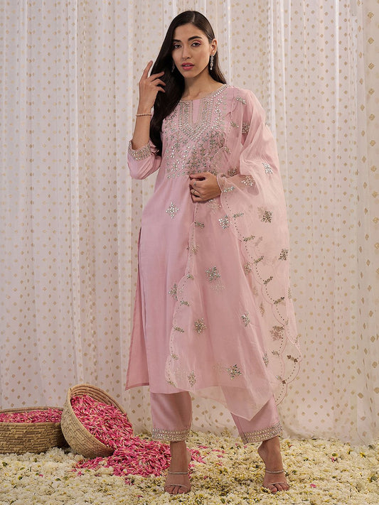 Pink Ethnic Motifs Embroidered Gotta Patti Kurta with Trousers & Dupatta